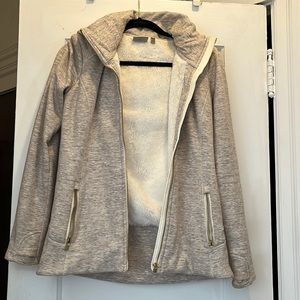 Athleta shearling hoodie, heathered oatmeal color, gold zippers